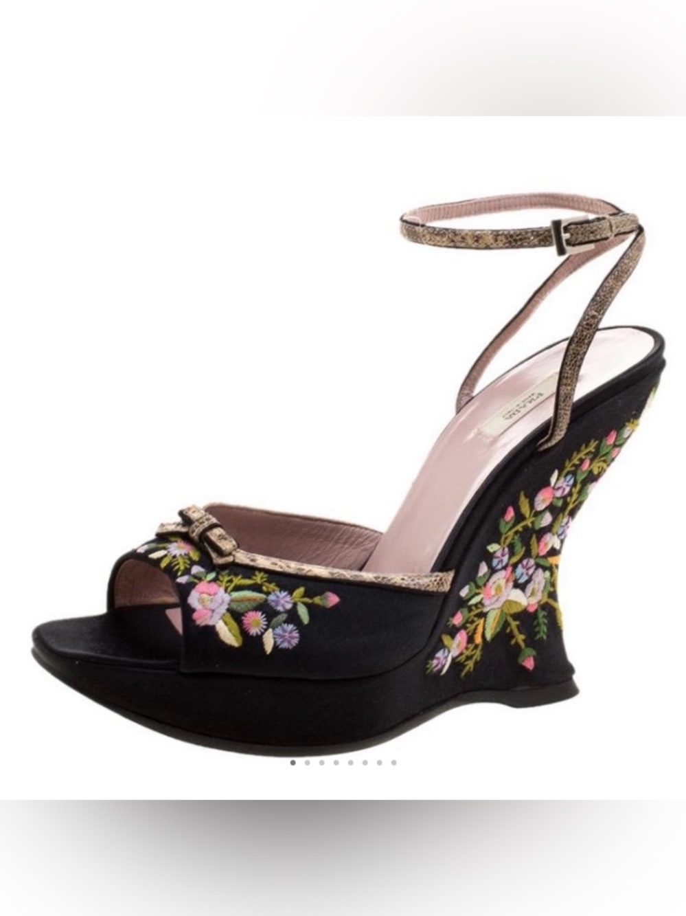 Prada black floral embroidered satin peep toe wedge sandals size 38.5 or 38 1/2